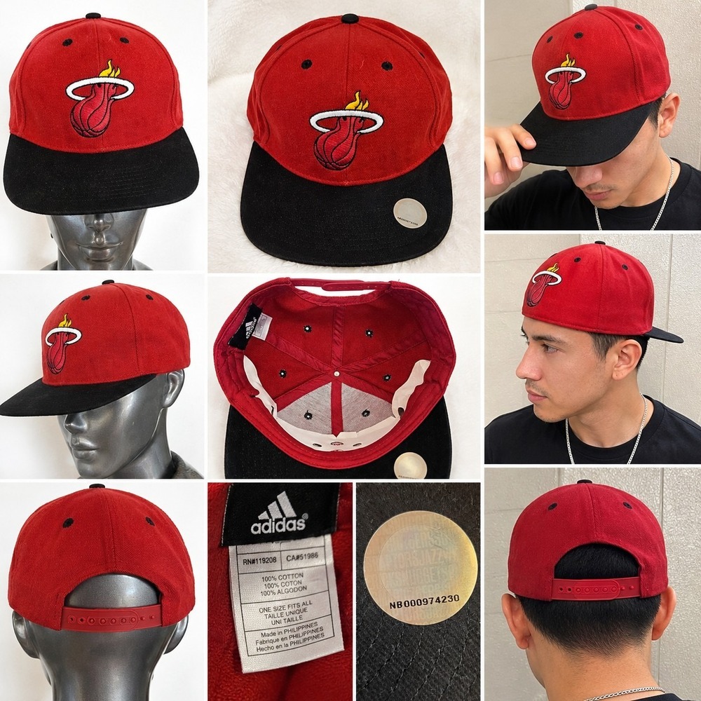 Vintage NBA Miami Heat LOGO Snapback Hat 90s Adidas NEW Red / Black